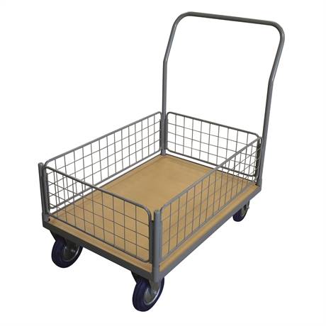 WPG50J - Timber platform trolley 500 kg with 1 mesh backrest + 1 low mesh basket (large)