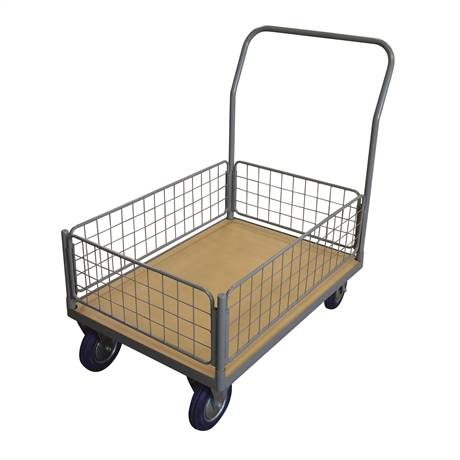 WPG50I - Timber platform trolley 500 kg with 1 mesh backrest + 1 low mesh basket (small)